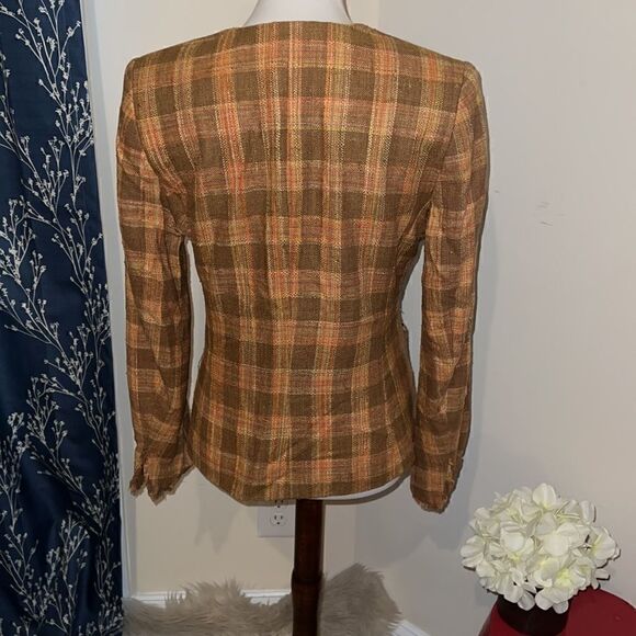 J. McLaughlin Silk Tweed Plaid Blazer Jacket Brown Orange Pockets sz 6 - Picture 3 of 11